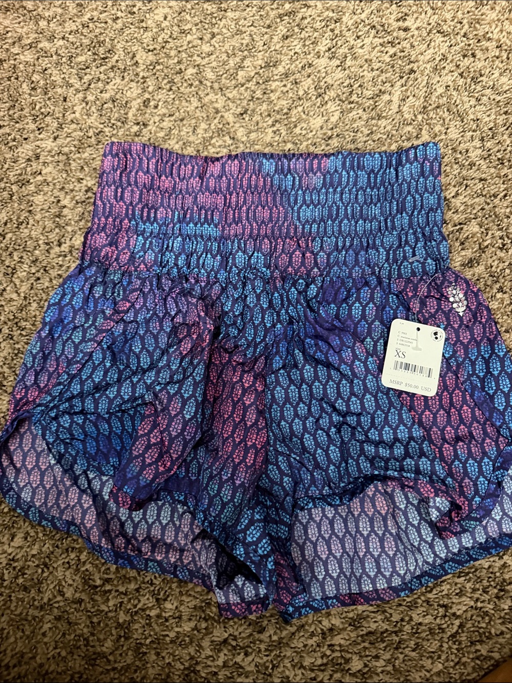 FP Movement by Free People High-Waist Purple and Blue Patterned Shorts
